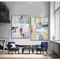 Set Of 2 Large Contemporary Painting, Abstract Canvas Art, Original Artwork, Blue, red, yellow, orange - By Leo