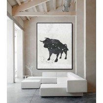 Extra Large Acrylic Painting On Canvas, Minimalist Painting Canvas Art, Black And White Bull, HAND PAINTED Original Art.