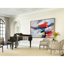 Original Horizontal Wall Art, Large Abstract canvas art Canvas Painting, Blue, yellow, red, voilet, orange, green, grey. - By Leo