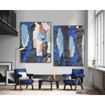 Set Of 2 Huge Contemporary Art Acrylic Painting On Canvas, Abstract Canvas Wall Art Home Decor, HANDMADE. Blue, black, orange, brown, beige.