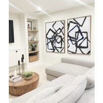 Set Of 2 Huge Contemporary Art Acrylic Painting On Canvas, Minimalist Canvas Wall Art, Black, white, navy blue.