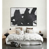Hand Painted Extra Large Abstract Painting, Horizontal Acrylic Painting Large Wall Art. Black And White Minimalist Painting.