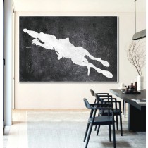 Hand Painted Extra Large Abstract Painting, Horizontal Acrylic Painting Large Wall Art. Black And White Horse Painting. Polo Art.