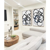 Set Of 2 Huge Contemporary Art Acrylic Painting On Canvas, Minimalist Canvas Geometrical Art, Black, white, navy blue.