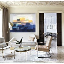 Large Geometric Art, Contemporary Painting, Hand paint. Blue, yellow, green, pink - By Leo