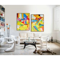 Set Of 2 Large Contemporary Painting, Original Artwork, Hand paint. Red, yellow, green, blue, purple - By Leo