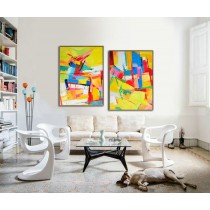 Set Of 2 Large Contemporary Painting, Original Artwork, Hand paint. Red, yellow, green, blue, purple - By Leo