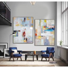 Set Of 2 Large Contemporary Painting, Abstract Canvas Art, Original Artwork, Blue, red, yellow, orange - By Leo
