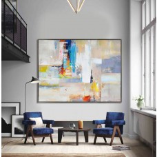 Handmade Extra Large Contemporary Painting, Huge Abstract Canvas Art, Original Artwork. yellow, red, gray, blue - By Leo