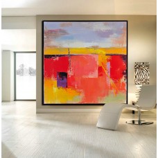 Handmade Large Contemporary Art Canvas PaintingAcrylic Painting, Abstract Canvas Art. Yellow, Red, Blue, White, Orange.