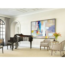 Original Horizontal Wall Art, Large Abstract canvas art Canvas Painting, Blue, yellow, red, voilet, orange, green, grey. - By Leo