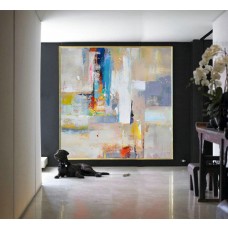 Large Contemporary Art Canvas PaintingAcrylic Painting, Abstract Canvas Art. Yellow, Red, Blue- By Leo