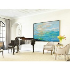 Extra Large Abstract Painting, Horizontal Acrylic Painting Large Wall Art. Blue, green, yellow, beige, grey- By Biao