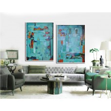 Set Of 2 Large Abstract Painting Canvas Art, Contemporary Art Wall Decorby Biao, Green, yellow, orange,red