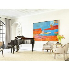 Large Horizontal Art Canvas Painting, Original Modern Art, Large Wall Art, Yellow, orange, blue, green- By Biao