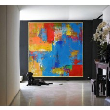 Handmade Large Contemporary Art Canvas PaintingAcrylic Painting, Abstract Canvas Art. Orange, Yellow, Blue, Red...