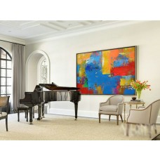 Original Horizontal Wall Art, Large Abstract canvas art Canvas Painting, Large Art. Blue, yellow, red, orange, green, grey. - By Leo