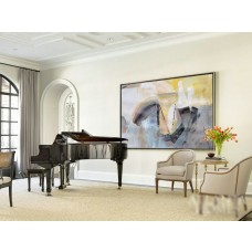 Handmade Original Horizontal Wall Art, Large Abstract canvas art Canvas Painting, Blue, yellow, grey, pink, black, white. - By Leo