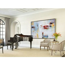 Original Horizontal Wall Art, Large Abstract canvas art Canvas Painting, Blue, yellow, red, voilet, orange, green, grey. - By Leo