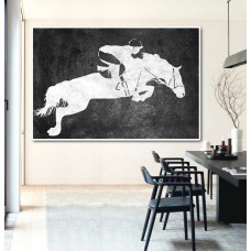 Hand Painted Extra Large Abstract Painting, Horizontal Acrylic Painting Large Wall Art. Black And White Horse oil Painting. Polo Art.