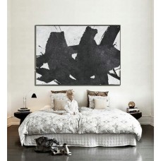 Hand Painted Extra Large Abstract Painting, Horizontal Acrylic Painting Large Wall Art. Black And White Minimalist Painting.