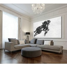 Long And Wide Acrylic Painting On Canvas, Minimalist Painting Canvas Art, Black White Horse, Minimalism, Original Art
