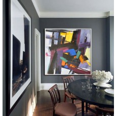 Large Contemporary Art, Handmade. Palette Knife Painting by Leo. Yellow, blue, green, orange, purple, etc.