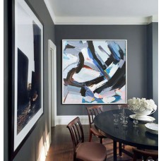 Large Contemporary Art, Handmade. Palette Knife Painting by Leo. Blue, pink, black, gray, green, etc.