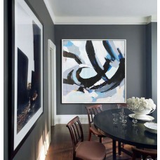 Large Contemporary Art, Handmade. Palette Knife Painting by Leo. Blue, pink, black, gray, etc.