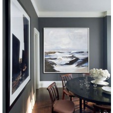 Large Landscape Painting, Large Abstract canvas art, Handmade. Palette Knife Painting by Leo. Black, white, gray, blue, etc.