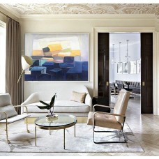 Large Geometric Art, Contemporary Painting, Hand paint. Blue, yellow, green, pink - By Leo