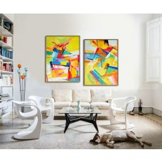 Set Of 2 Large Contemporary Painting, Original Artwork, Hand paint. Red, yellow, green, blue, purple - By Leo