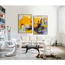 Set Of 2 Large Contemporary Painting, Original Artwork by Leo, Hand paint. Dark red, yellow, black, gray - By Leo