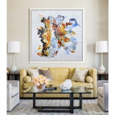 Large Contemporary Art Original Oil Painting On Canvas. One-of-a-kind, IN STOCK, 48"X48"/122x122cm. Yellow, blue, brown.