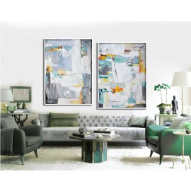 Set Of 2 Large Abstract Painting Canvas Art, Contemporary Art, Original Art, Hand paint. Green, yellow, orange, grey.